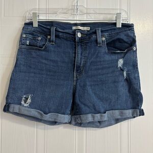 Women's Dark Blue Distressed Roll-Cuff Denim Shorts - Casual Five-Pocket